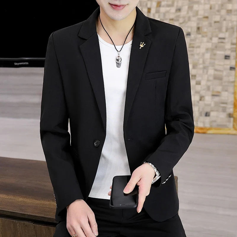 Men's Casual Blazer Korean Style Single Breasted Slim Fit Coat for Spring Autumn