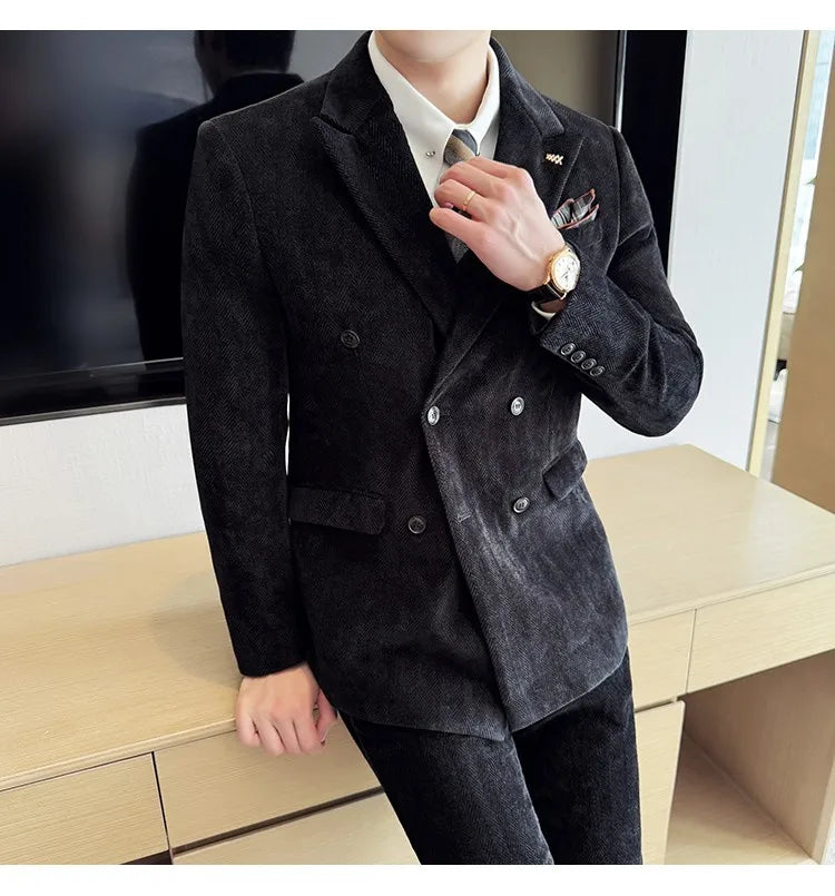 2025 Winter Woolen Men's Wedding Groom Suit Double Breasted Suit 3 Piece Set Business Casual Office Work Party Prom Dress Suits