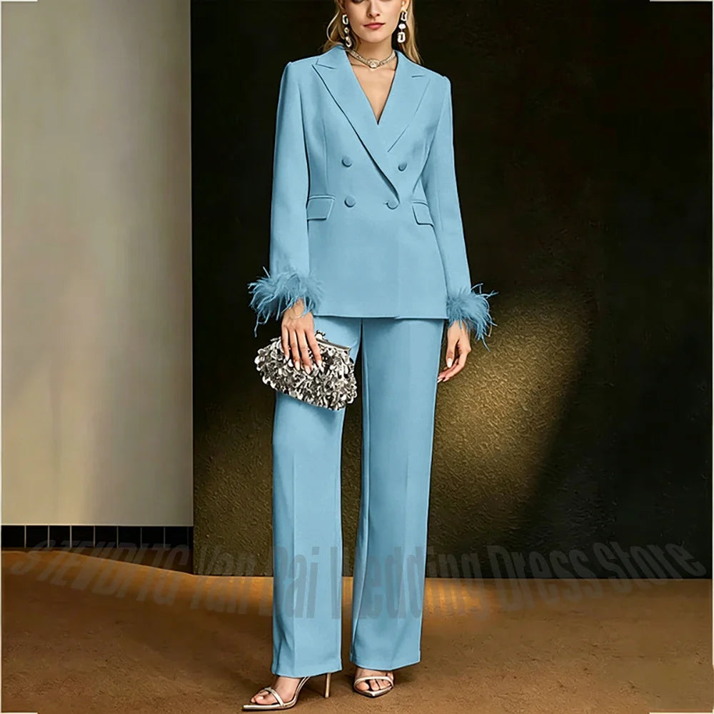 Luxury White Feather Women's Suit Elegant Classic Double Breasted Jacket Pants Formal Evening Party Wedding Guest Outfit