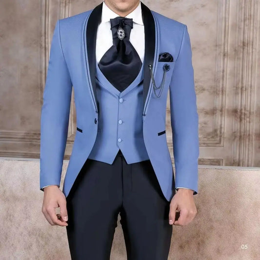 Suits for Men Wedding Groom Costume Balzer Black Shawl Lapel Blue Terno Jacket Pants Vest Three Piece Custom Made Veste Homme