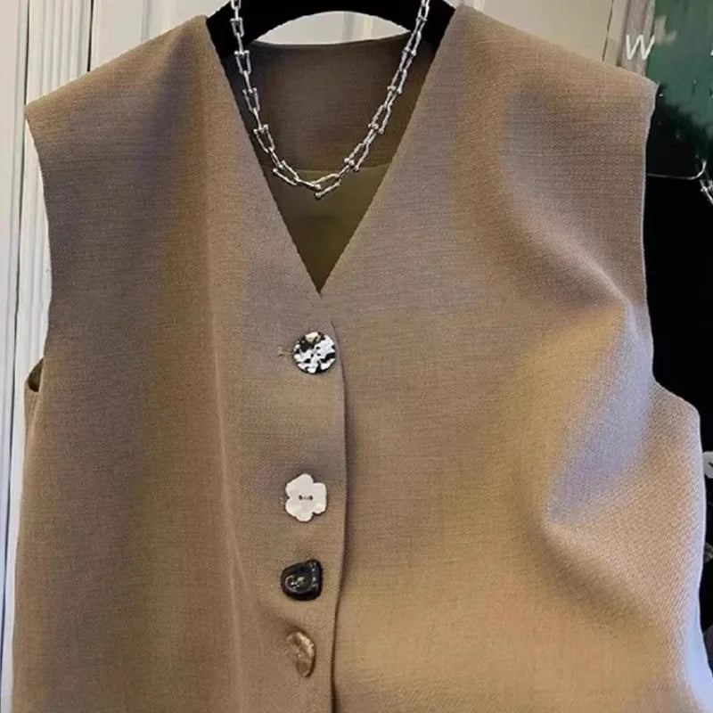 Fashion Irregular V-neck Suit Vests Tops Women 2025 New Summer Unique Buttons Solid All-match Sleeveless Waistcoats Female