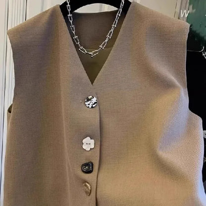 Fashion Irregular V-neck Suit Vests Tops Women 2025 New Summer Unique Buttons Solid All-match Sleeveless Waistcoats Female