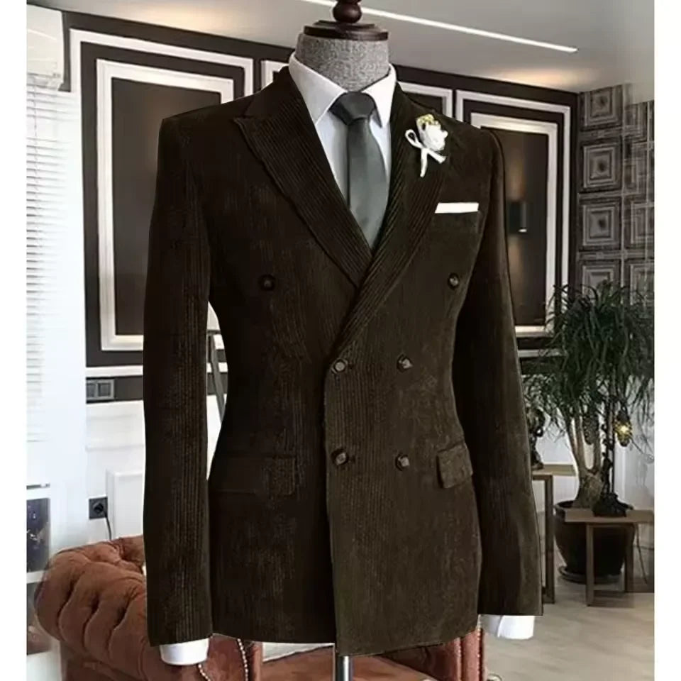 Men's Corduroy Suit 2 Piece – Double Breasted Slim Fit Blazer and Pants for Wedding, Business, and Formal Events
