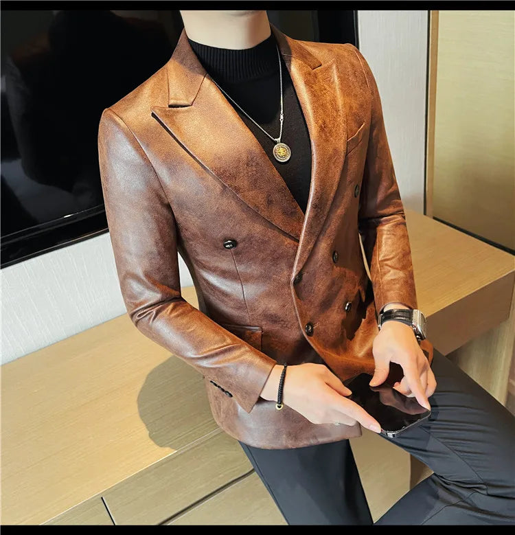 Brand Retro Leather Suit Jacket Men British Style Double Breasted Casual Business Blazers Wedding Groom Party Banquet Jackets