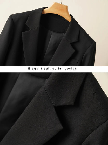 Elegant mid-length black womens blazer for autumn and winter simple one-button design with a slimming drape effect suitable for commuting