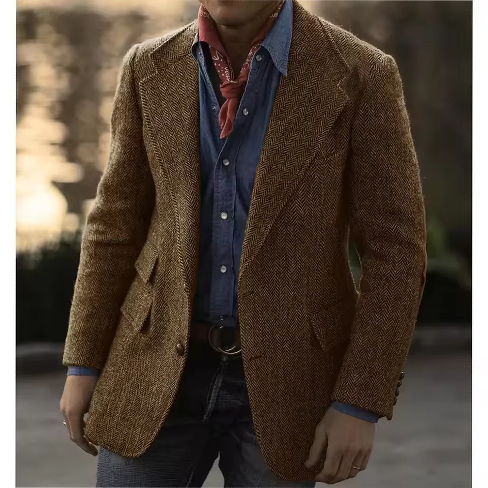 Men's Herringbone Tweed Blazer – Wool Blend, Classic British Style, Business & Wedding
