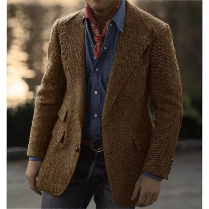 Men's Herringbone Tweed Blazer – Wool Blend, Classic British Style, Business & Wedding