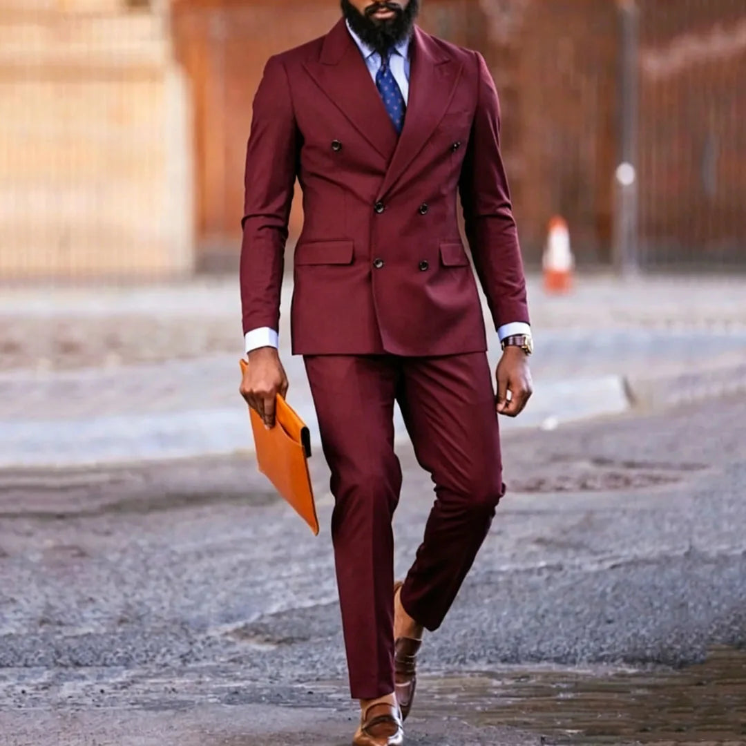 Men Suit Dark Purple 2 Piece Double Button With Lapel Solid For Wedding Birthday Banquet Party Business Work Office Jacket Pants