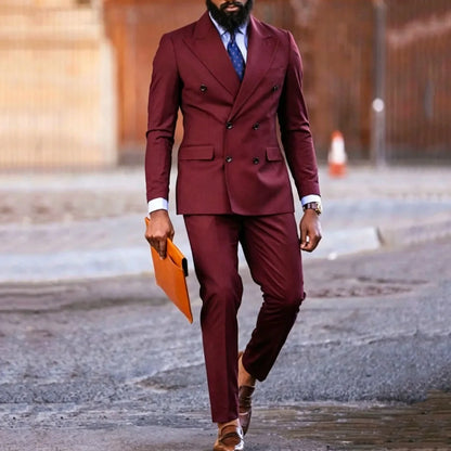 Men Suit Dark Purple 2 Piece Double Button With Lapel Solid For Wedding Birthday Banquet Party Business Work Office Jacket Pants