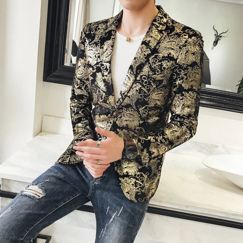 Luxury Gold Embroidered Suit Jacket Men Stage Singer Casual Blazers Male Business Wedding Groom Social Host Dress Coat M-5XL
