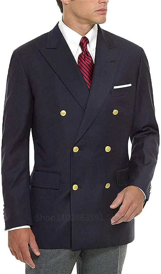 Navy Blue Wedding Blazer Men Gentleman Suit Jacket Gold Buttons Casual Slim Fit Double Breasted Business Male Only Blazer
