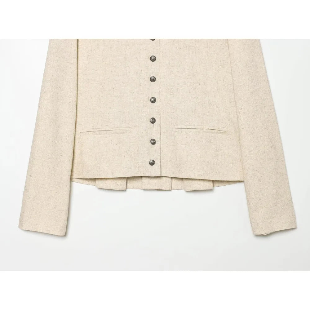 Stylish Commuting Style Pant Sets for Women Mandarin Collar & Long Sleeve Pleated Blazer Matching Topstitched Straight Leg Pants