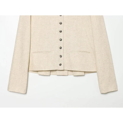Stylish Commuting Style Pant Sets for Women Mandarin Collar & Long Sleeve Pleated Blazer Matching Topstitched Straight Leg Pants