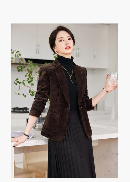 Autumn and Winter Blazer Women's Corduroy New Long Sleeve Professional Blazer Women's Coat Office Female Blazers Jacket Coat