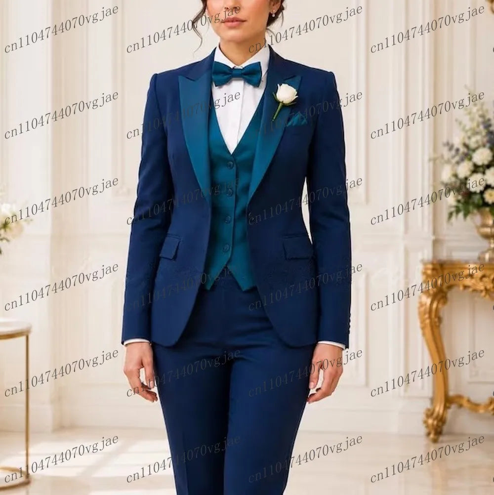 Dark Blue Formal Business Women Suit Wedding Party Prom Ladies Mother Girl Tuxedos 3 Piece Set Blazer Vest Pants