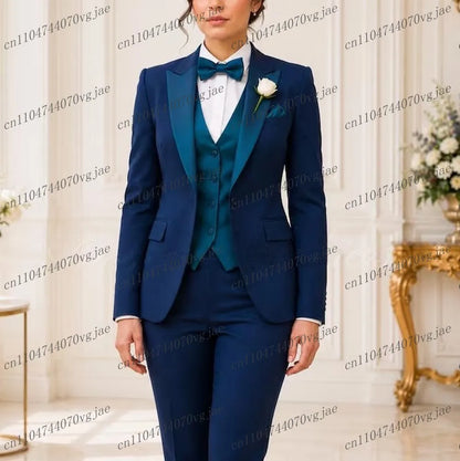 Dark Blue Formal Business Women Suit Wedding Party Prom Ladies Mother Girl Tuxedos 3 Piece Set Blazer Vest Pants