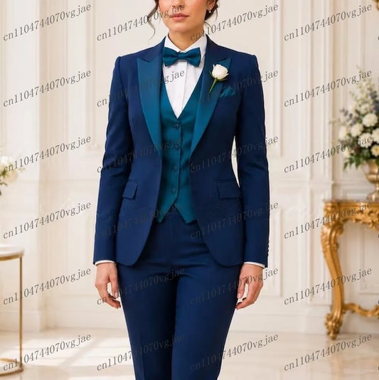 Dark Blue Formal Business Women Suit Wedding Party Prom Ladies Mother Girl Tuxedos 3 Piece Set Blazer Vest Pants