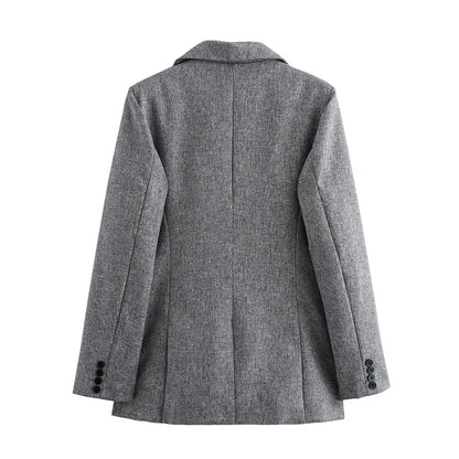 Women Fashion With Pockets Grey Single Breasted Blazer Vintage Notched Neck Long Sleeves Female Chic Lady Outfits