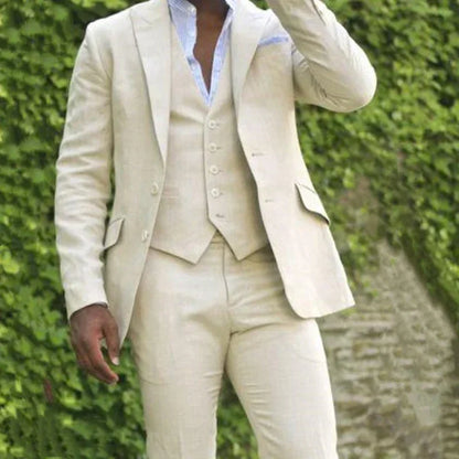 Summer Linen Beige Elegant Suits For Men Casual Slim Fit Blazers Hombre Made High Quality Custom 3 Piece Set Costume Homme