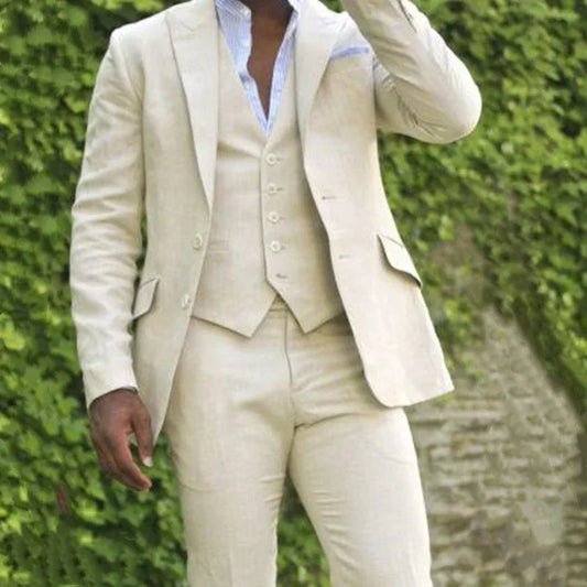 Summer Linen Beige Elegant Suits For Men Casual Slim Fit Blazers Hombre Made High Quality Custom 3 Piece Set Costume Homme