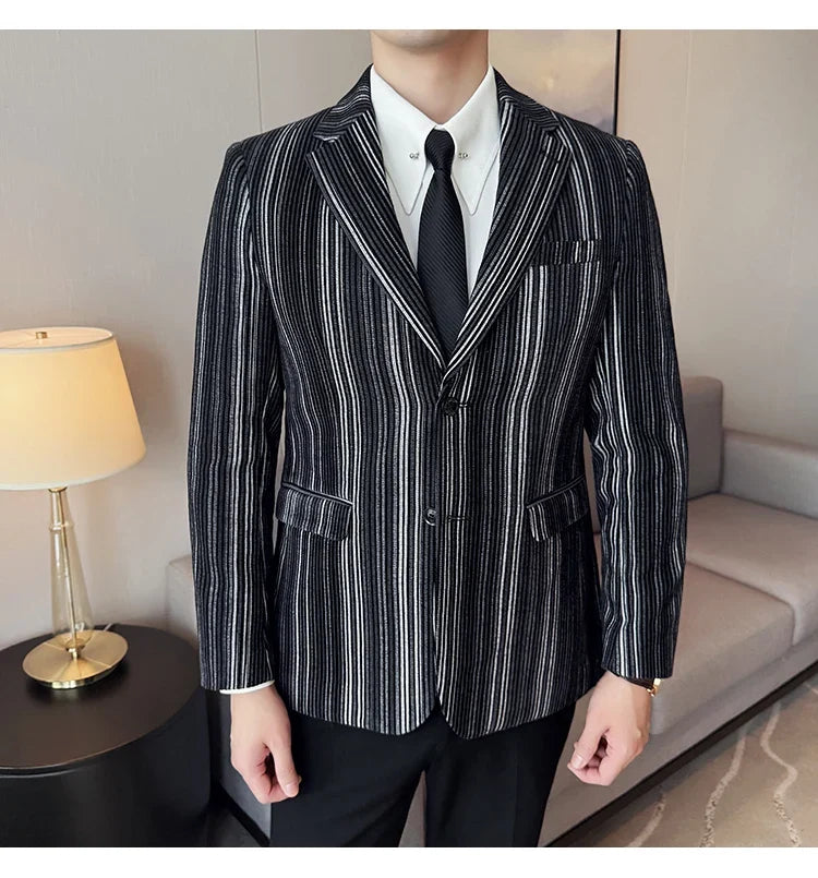High Quality Plush Striped Fashion casual Suit Jacket Autumn Winter New Men Slim Fit Business Formal Social Prom Party Tuxedos