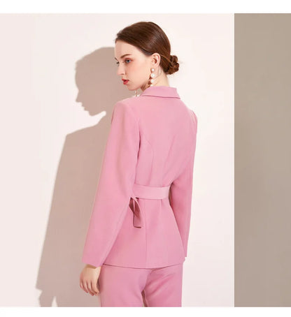 High Quality Women Belt Business Attire blazers Trousers Suits Set 2 Piece Elegant Slim Fit Pink Formal Office Lady Blazer Suits