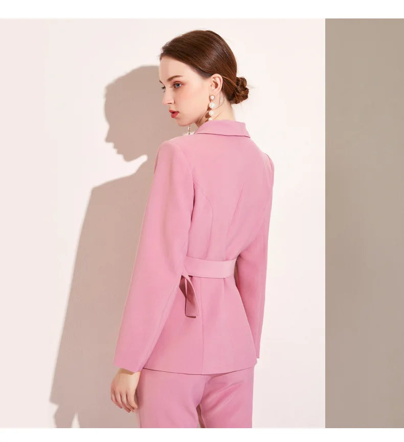 High Quality Women Belt Business Attire blazers Trousers Suits Set 2 Piece Elegant Slim Fit Pink Formal Office Lady Blazer Suits