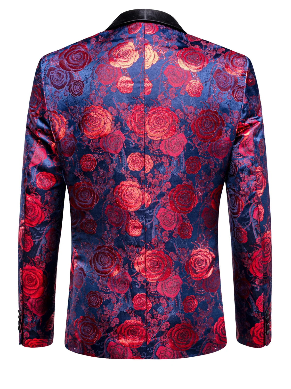 Navy Base Red Rose Floral Jacquard Tuxedo Blazer for Men, Black Shawl Lapel Slim Formal Jacket Host Wedding Ceremony Costume