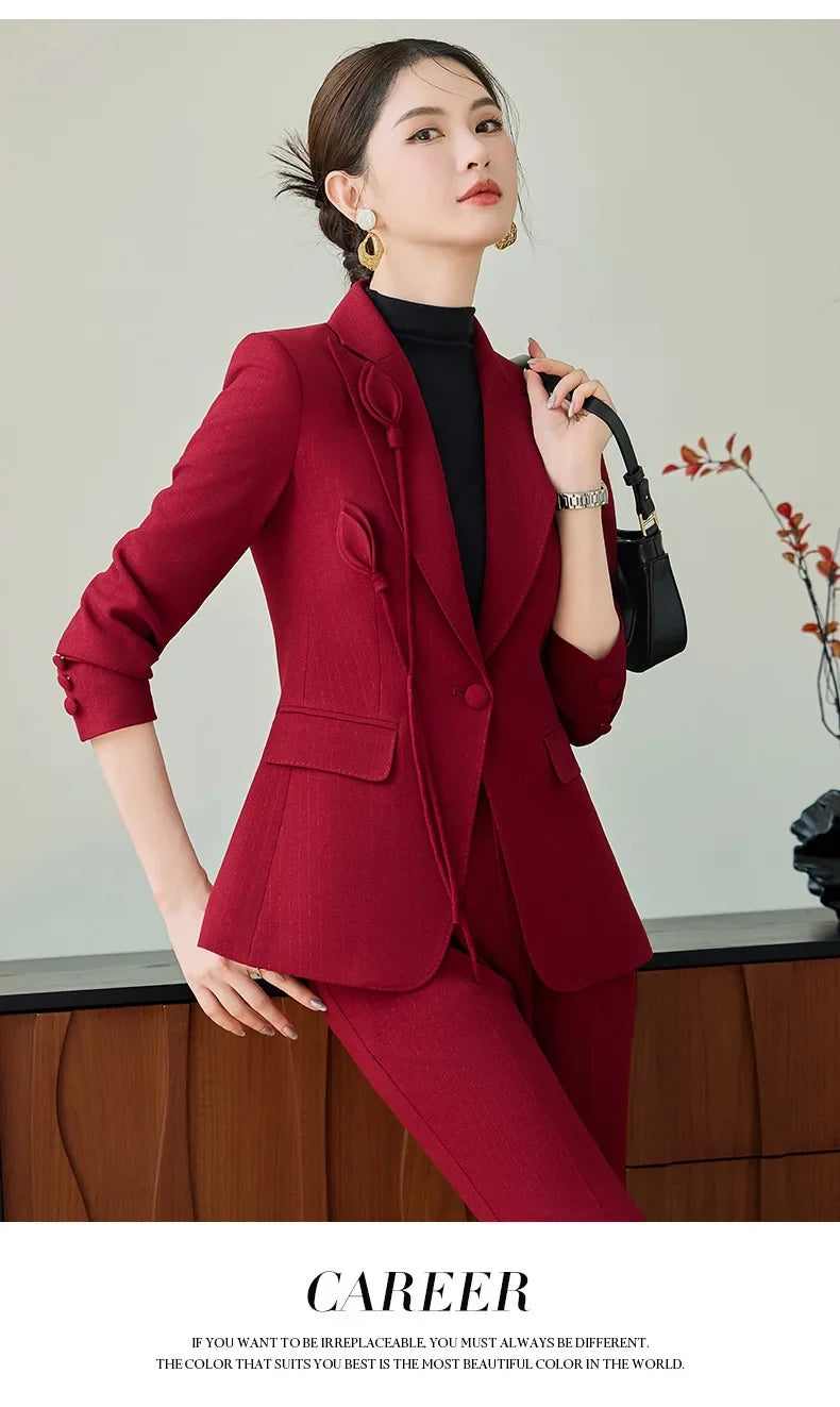 High End Khaki Elegant Fashion Two Piece Set Fashion Women Slim Single Button Blazer And Flare Pant Office Lady Work Wear