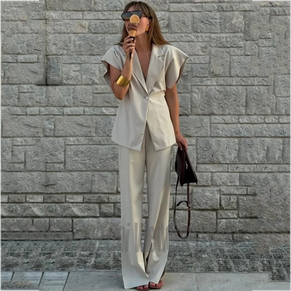 New Elegant Women Pants Suit Solid Single Button Short Sleeve Blazer Pants Straight Fit 2 Piece Set Office Lady Casual Outfit