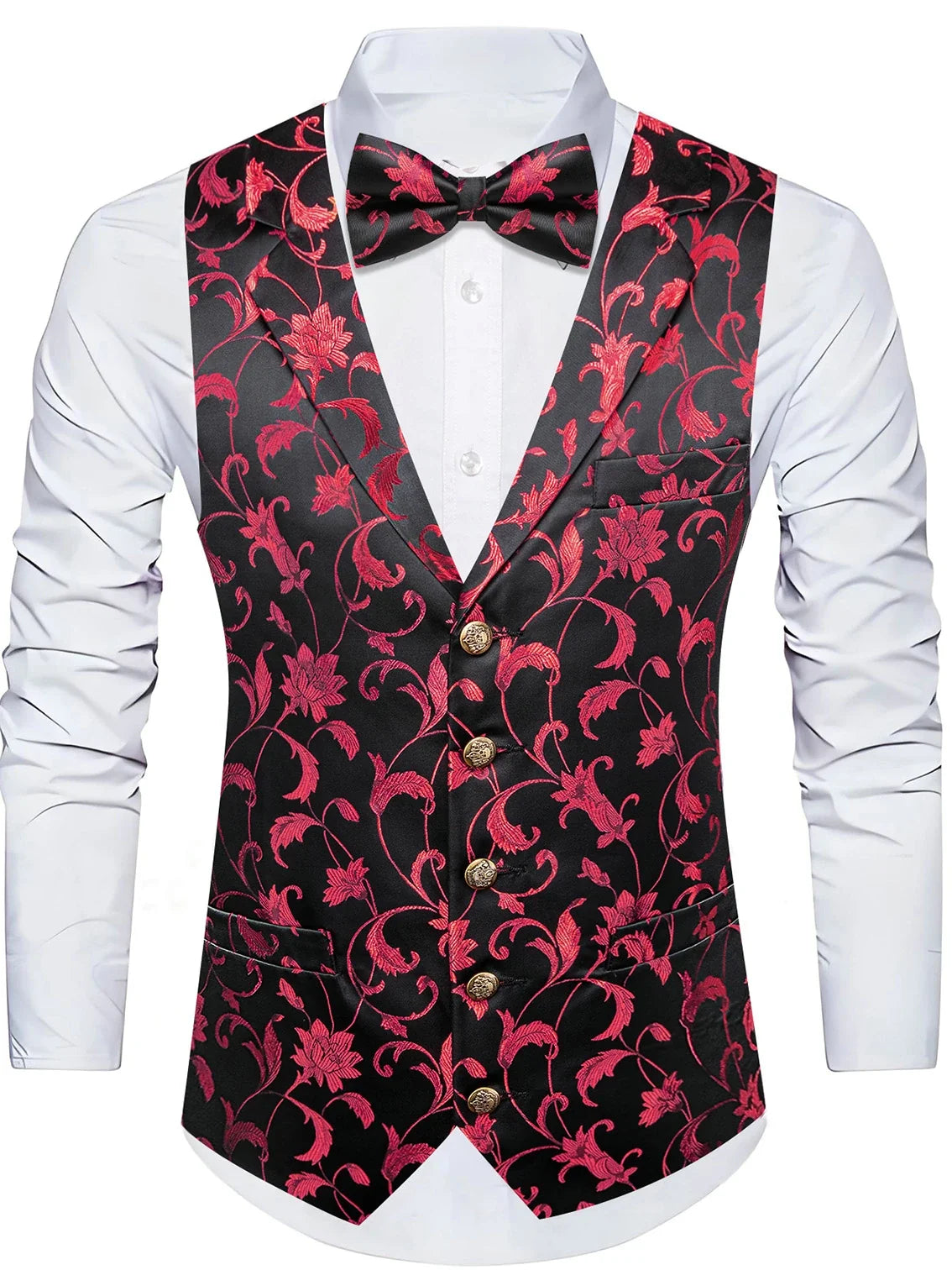 Men's Floral Jacquard Vest Bowtie Set – Pink Wedding Waistcoat for Men