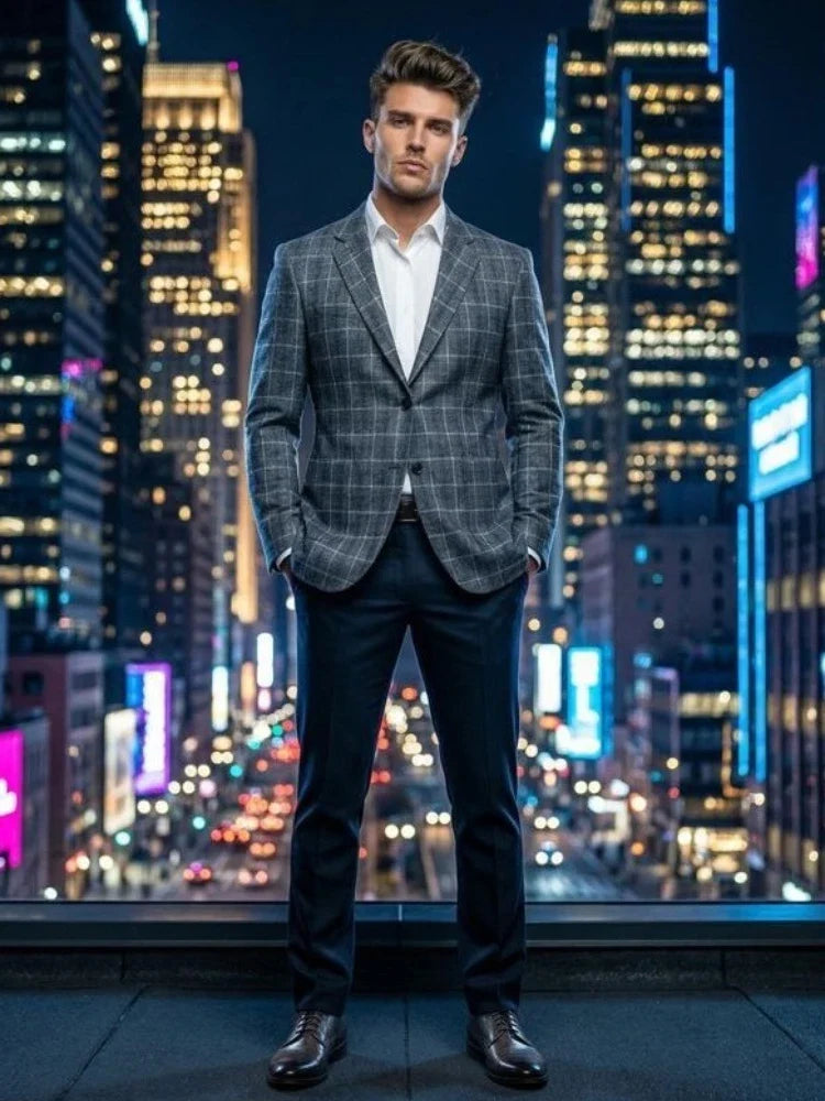 Mens Plaid Wool Blend Blazer Slim Fit Business Formal Suit Jacket Versatile Check Pattern Outerwear