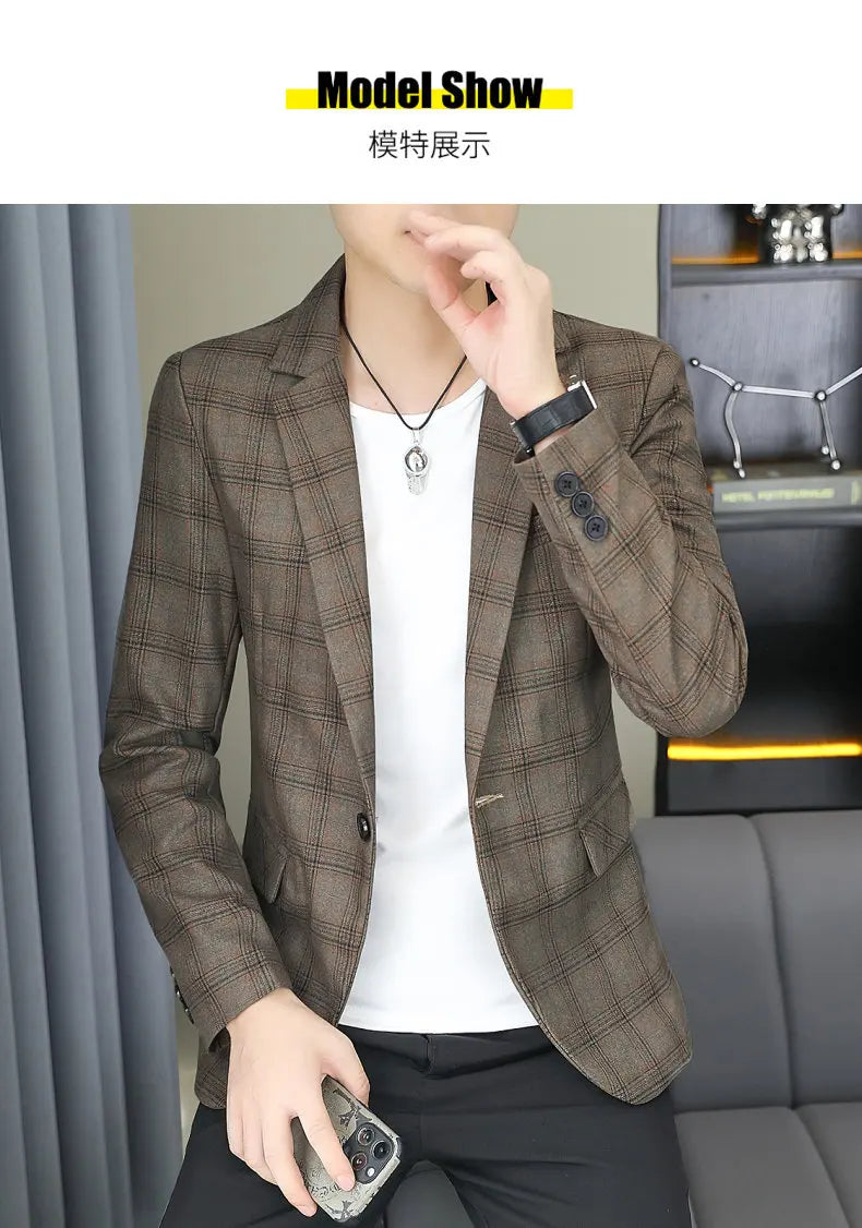2026 Blazer Outdoor men's checked fashion business trend Wedding Slimming Gentleman Casual Korean travel high formal Wear Blazer