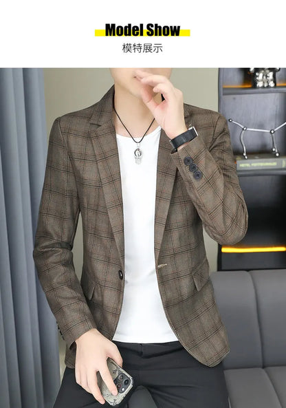 2026 Blazer Outdoor men's checked fashion business trend Wedding Slimming Gentleman Casual Korean travel high formal Wear Blazer