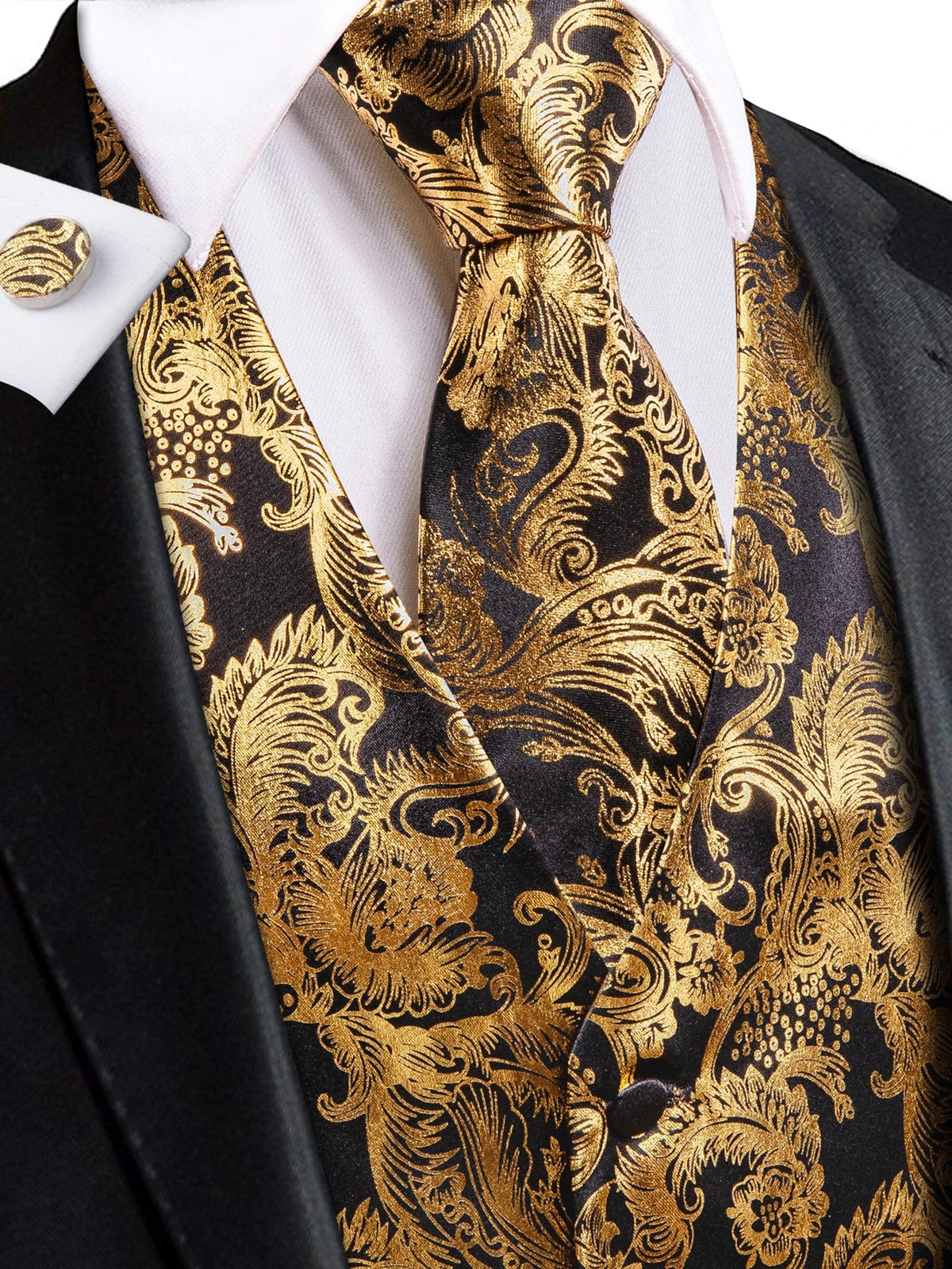 Men's Vest 4-Piece Set Golden Paisley Floral Formal Waistcoat for Wedding & Party