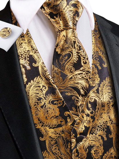 Men's Vest 4-Piece Set Golden Paisley Floral Formal Waistcoat for Wedding & Party