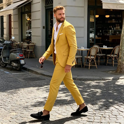 Summer Men's Linen Blend Suit 2 Pieces Slim Fit Casual Lightweight Jacket Pant Set for Party Business Wedding Prom Daily Wear