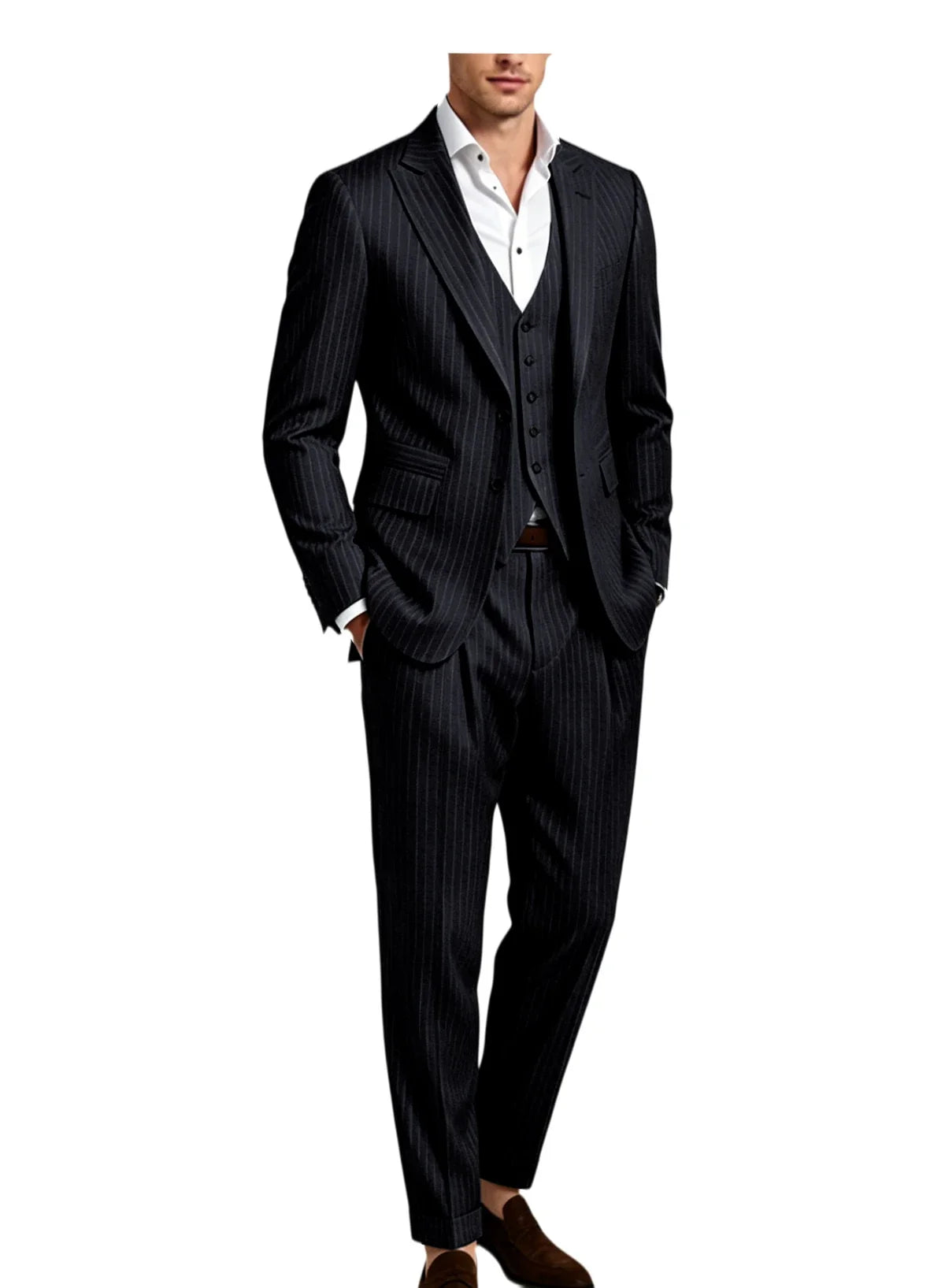 Men's 3-Piece Pinstripe Suit – Slim Fit Notched Lapel Blazer, Vest & Trousers for Wedding & Business