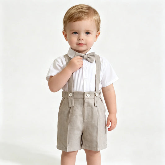 Summer Linen Toddler Boy Formal Suit Set Vest Shorts Bow Tie Infant Gentleman Tuxedo For Wedding Birthday Party Page Boy Clothe