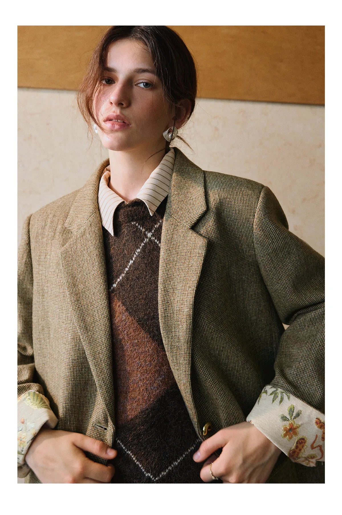 Women's Blazer Floral Spliced Jacquard Cuff Blazers Spring 2026 Old Money Style Oversize Long Wool Coats GO57DN002081
