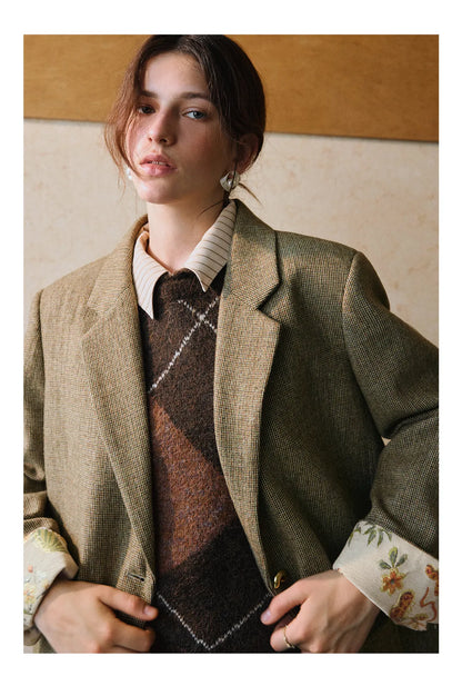 Women's Blazer Floral Spliced Jacquard Cuff Blazers Spring 2026 Old Money Style Oversize Long Wool Coats GO57DN002081