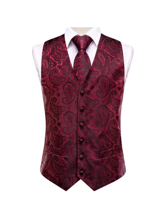 Men's Suit Vest Set Burgundy Floral Paisley Jacquard Waistcoat with Necktie and Pocket Square for Formal Occasions