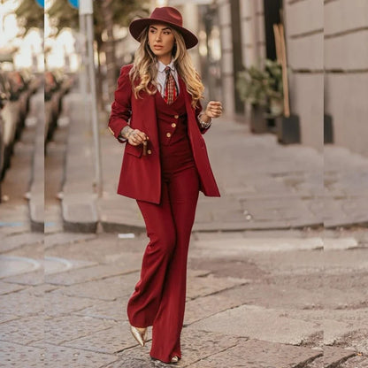 Customized Color Red 3 Pieces Suit Sets for Women Peak Lapel Jacket Vest Pants Sets Slim Fit Office Daily Smoking Lady Clothing