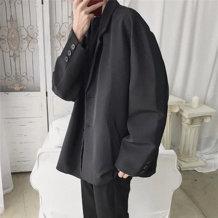 Men Spring Autumn Casual Blazer Set INS Korean Style Trendy Hong Kong Vibe Handsome Suit Jacket Outerwear
