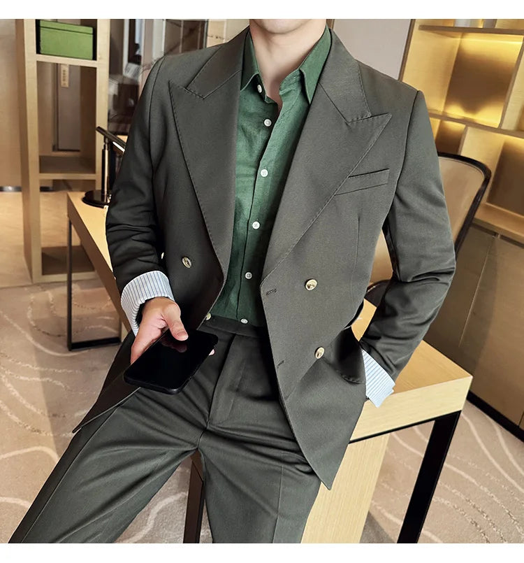 Korean Style Double Breasted Suit Jacket for Men Fashion Casual Business Suit Jackets Office Social Banquet Blazer Masculino