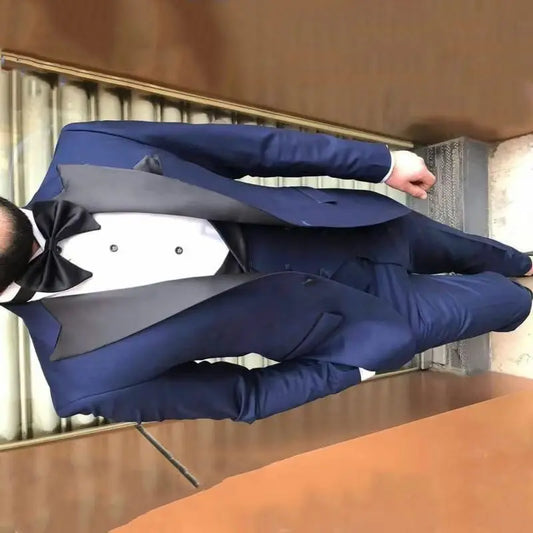 Blue 3-Piece Men's Formal Suit for Wedding Sim Fit Groom Tuxedo with Smoking Jacket Vest And Peaked Lapel Custom Costume