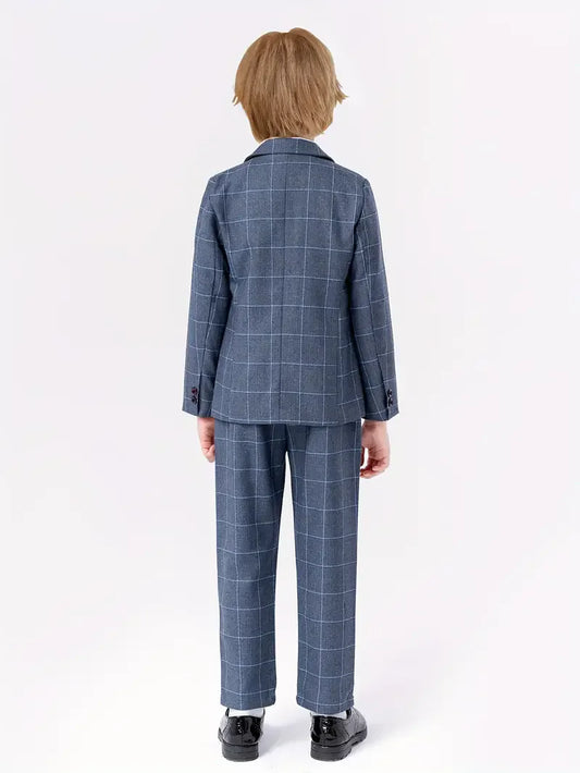 Boys Plaid 4Pieces Wedding Suit Set With Jacket Vest Pants Bowtie Kids Host Piano Performance Suit Children's Birthday Blazer