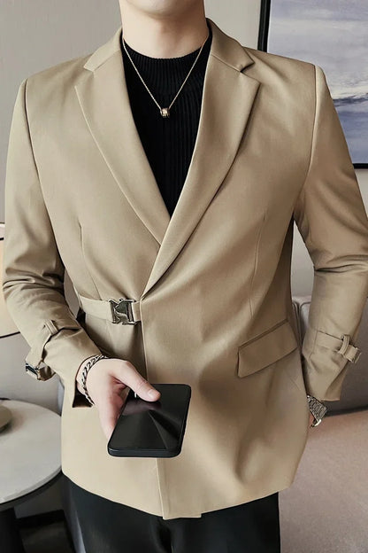 Men's Slim Fit Blazer Metal Buckle Decoration Smart Casual Wedding Party Jacket