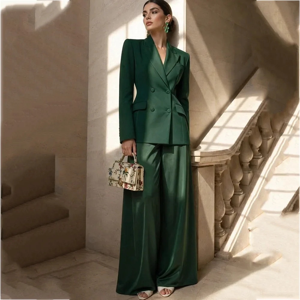 Chic Peak Lapel Women's Suit Double Breasted Blazer Wide Leg Pants Elegant Office Lady Business Wedding Guest Formal Wear