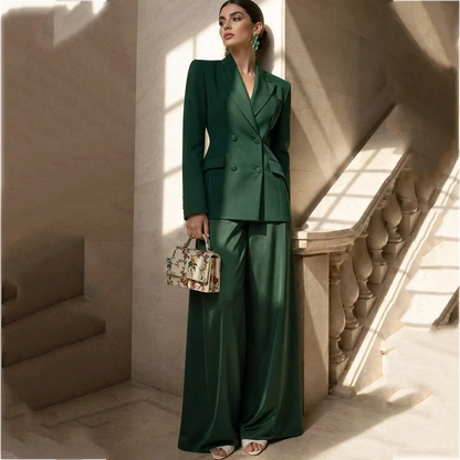 Chic Peak Lapel Women's Suit Double Breasted Blazer Wide Leg Pants Elegant Office Lady Business Wedding Guest Formal Wear